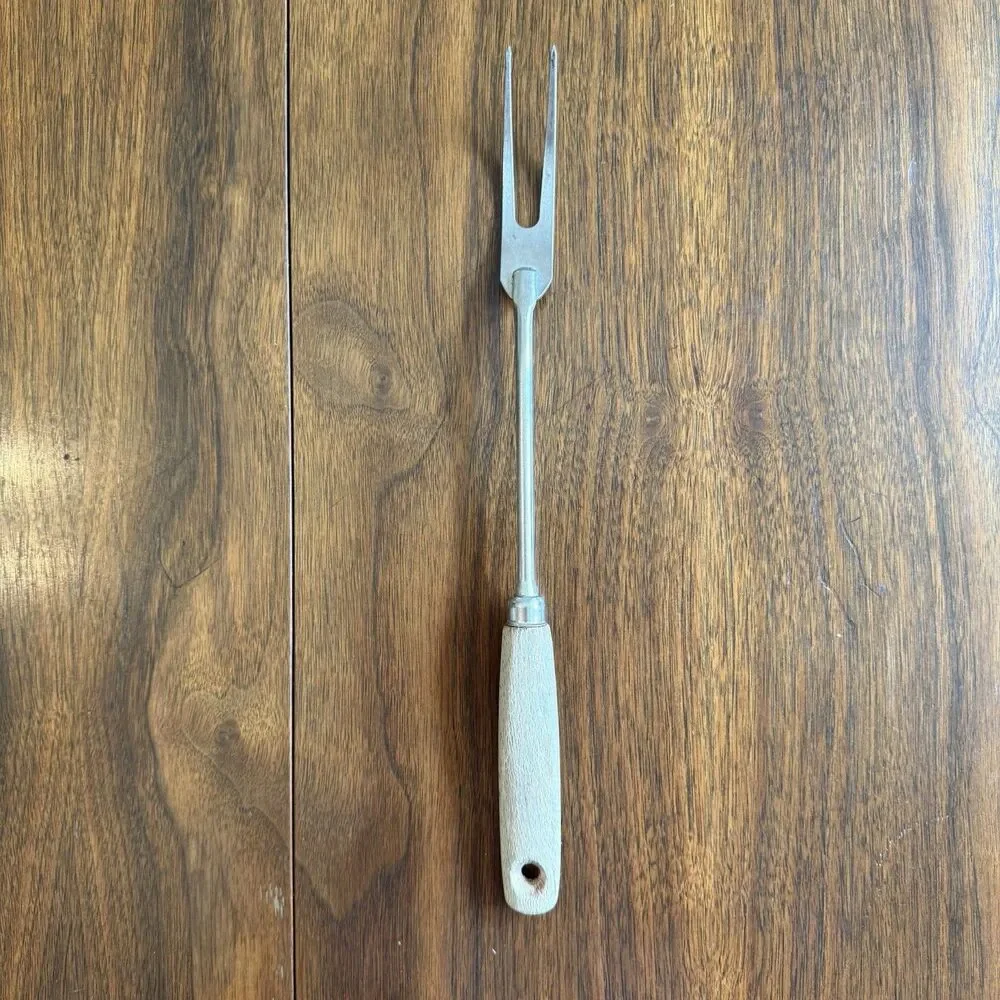 Vintage Ekco A&J Carving Serving Fork 13” Long Chrome Plated Wood Handle USA